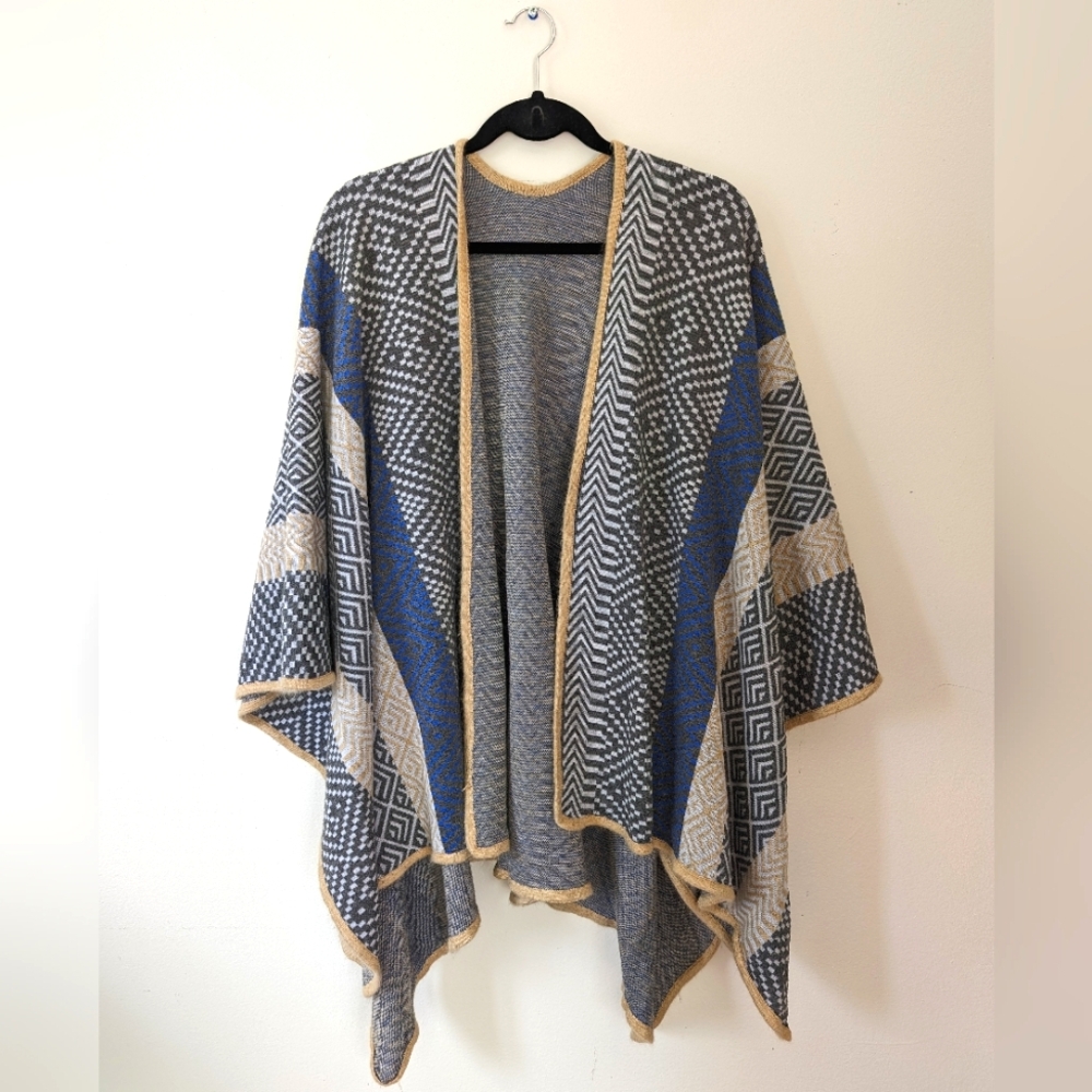 Long Flowy Poncho Sweater Geometric Pattern Neutral Oversize Knit Shawl Cardigan
